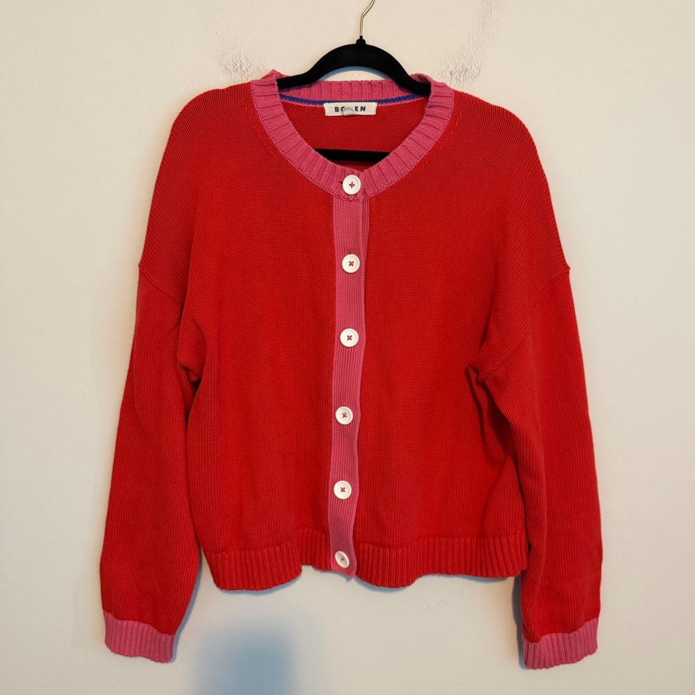 Boden Jemma Chunky Cotton Cardigan Red Pink Colorblock Button Sweater oversized